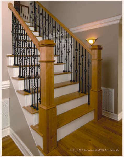 black metal interior railing with boxed newel|box newel post steps.